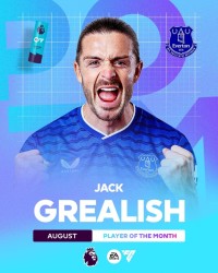 8月4次助攻五大联赛同期最多！格拉利什生涯首次当选英超月最佳